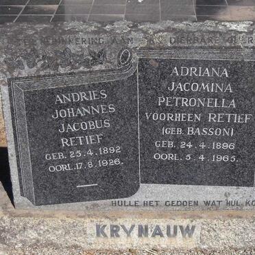 KRYNAUW Andries Johannes Jacobus Retief 1892-1926 &amp; Adriana Jacomina Petronella nee BASSON voorheen RETIEF 1896-1965