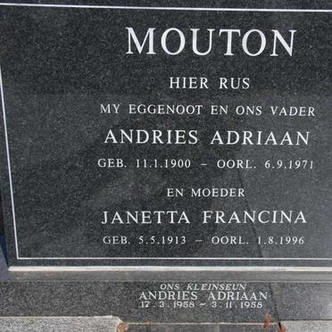 MOUTON Andries Adriaan 1900-1971 & Janetta Francina 1913-1996 :: MOUTON Andries Adriaan 1958-1958