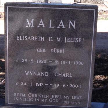 MALAN Wynand Charl 1913-2004 & Elisabeth C.M. DURR 1922-1996