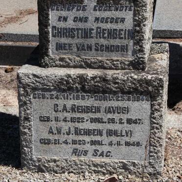 REHBEIN Christine nee VAN SCHOOR 1897-1944 :: REHBEIN C.A. 1922-1947 :: REHBEIN A.W.J. 1923-1949