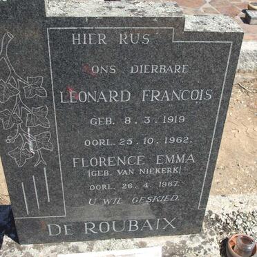 ROUBAIX Leonard Francois, de 1919-1962 &amp; Florence Emma VAN NIEKERK -1967