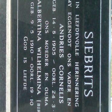 SIEBRITS Andries Cornelis 1905-1975 & Albertina Wilhelmina 1910-1991
