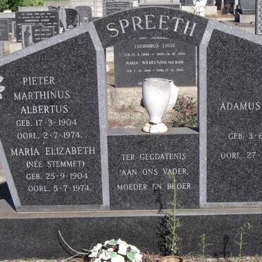 SPREETH Pieter Marthinus Albertus 1904-1974 & Maria Elizabeth STEMMET 1904-1974 ::  SPREETH Adamus Paulus 1939-1958