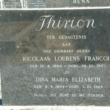 THIRION Nicolaas Lourens Francois 1884-1957 &amp; Dina Maria Elizabeth 1894-1969