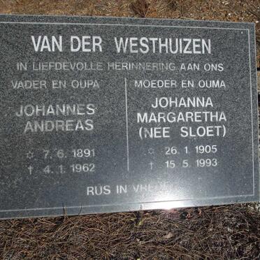 WESTHUIZEN Johannes Andreas, van der 1891-1962 & Johanna Margaretha SLOET 1905-1993