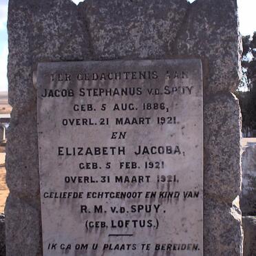 SPUY Jacob Stephanus, v.d. 1886-1921 ::  V.D. SPUY Elizabeth Jacoba 1921-1921