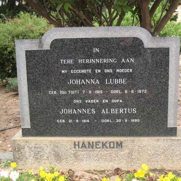 HANEKOM Johannes Albertus 1914-1990 &amp; Johanna Lubbe DU TOIT 1915-1972