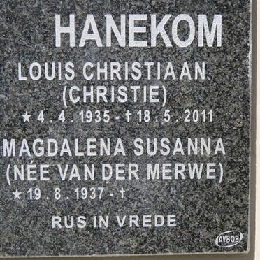 HANEKOM Louis Christiaan 1935-2011 &amp; Magdalena Susanna VAN DER MERWE 1937-