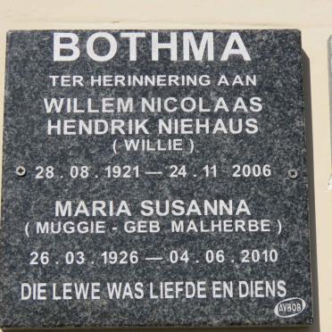 BOTHMA Willem Nicolaas Hendrik Niehaus 1921-2006 &amp; Maria Susanna MALHERBE 1926-2010