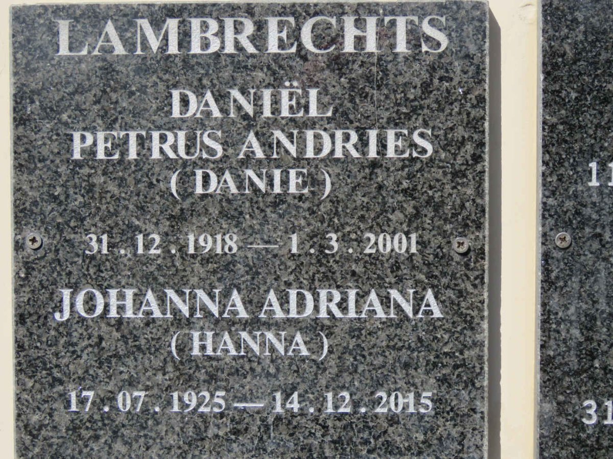 LAMBRECHTS Daniel Petrus Andries 1918-2001 &amp; Johanna Adriana 1925-2015