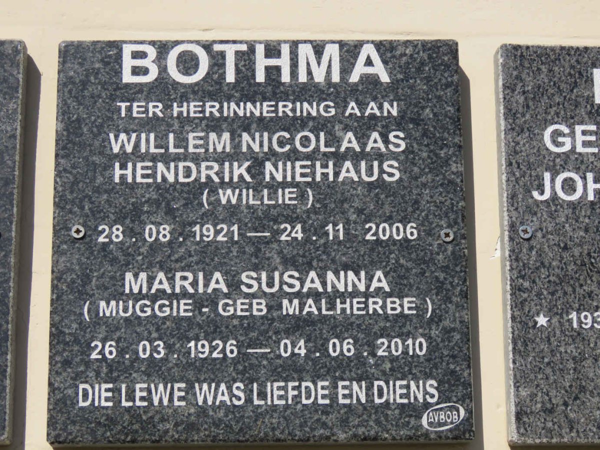 BOTHMA Willem Nicolaas Hendrik Niehaus 1921-2006 &amp; Maria Susanna MALHERBE 1926-2010