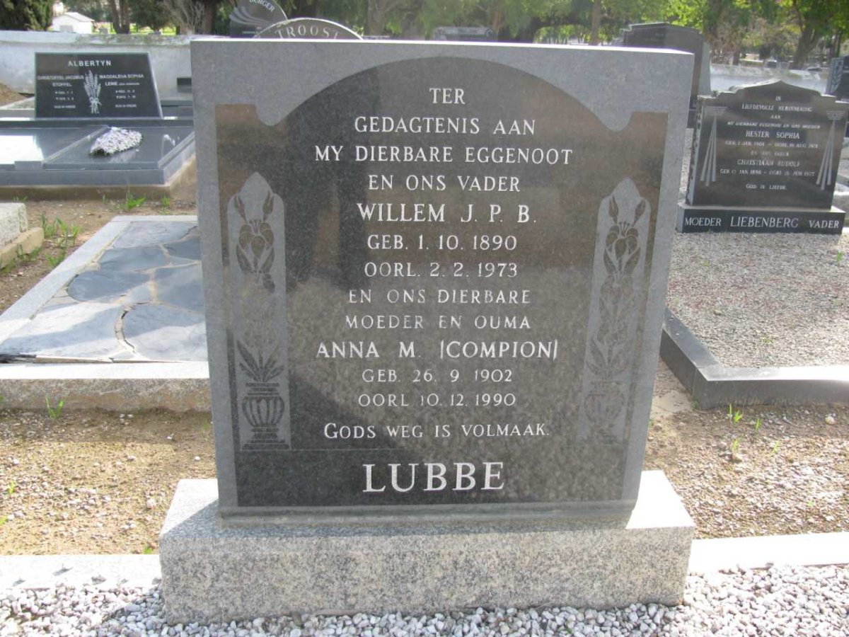 LUBBE Willem J.P.B. 1890-1973 &amp; Anna M. nee COMPION 1902-1990