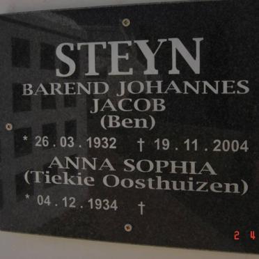 STEYN Barend Johannes Jacob 1932-2004 &amp; Anna Sophia OOSTHUIZEN 1934-