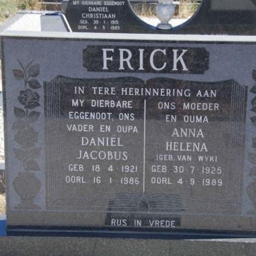 FRICK Daniel Jacobus 1921-1986 &amp; Anna Helena van WYK 1925-1989