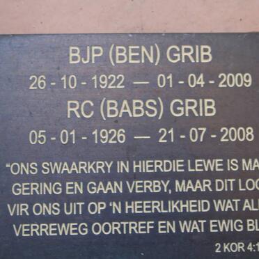 GRIB B.J.P. 1922-2009 &amp; R.C. 1926-2008