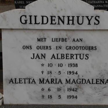 GILDENHUYS Jan Albertus 1938-1994 &amp; Aletta Maria Magdalena 1942-1994