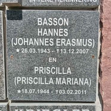 BASSON Johannes Erasmus 1943-2007 &amp; Priscilla Mariana 1944-2011