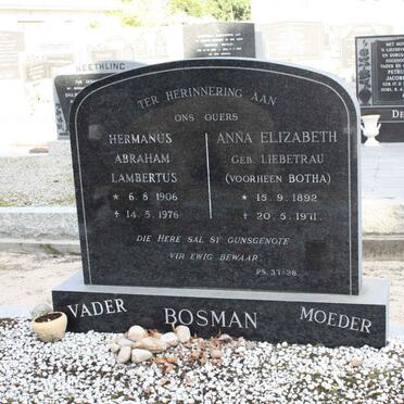 BOSMAN Hermanus Abraham Lambertus 1906-1976 &amp; Anna Elizabeth BOTHA nee LIEBETRAU 1892-1971