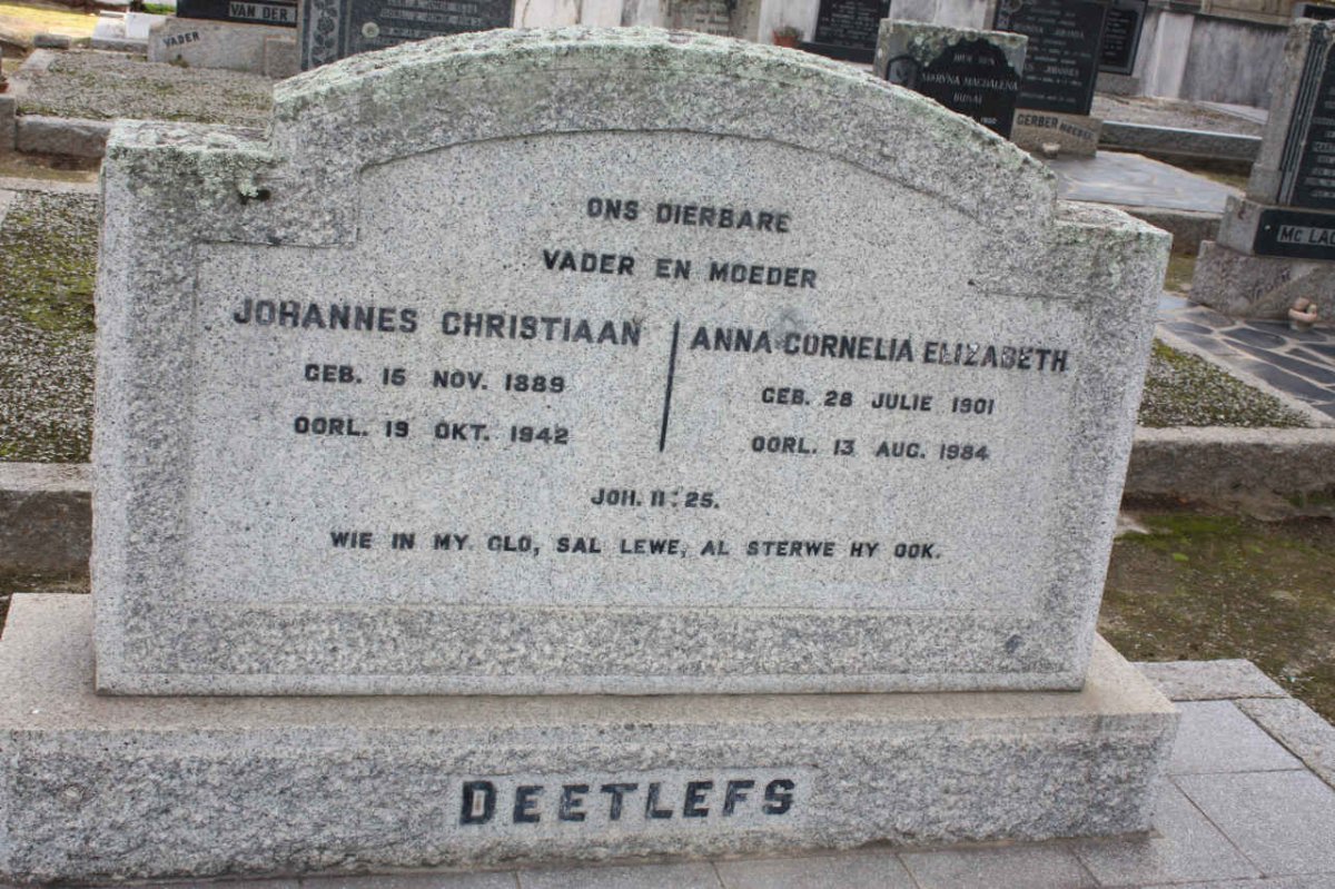 DEETLEFS Johannes Christiaan 1889-1942 &amp; Anna Cornelia Elizabeth 1901-1984