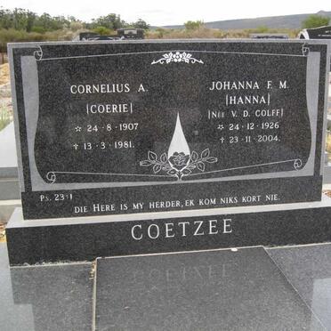 COETZEE Cornelius A. 1907-1981 &amp; Johanna F.M VAN DER COLFF 1926-2004