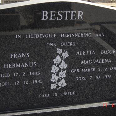 BESTER Frans Hermanus 1885-1933 &amp; Aletta Jacoba Magdalena MAREE 1883-1976