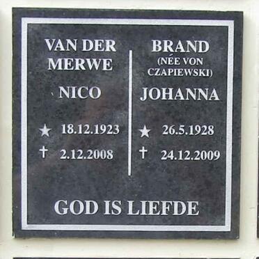 MERWE Nico, van der 1923-2008 :: BRAND Johanna nee VON CZAPIEWSKI 1928-2009