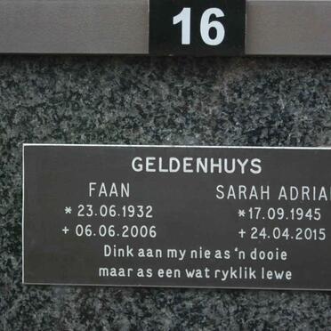 GELDENHUYS Faan 1932-2006 &amp; Sarah Adriana 1945-2015