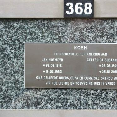 KOEN Jan Hofmeyr 1912-1983 &amp; Gertruida Susanna 1927-2018