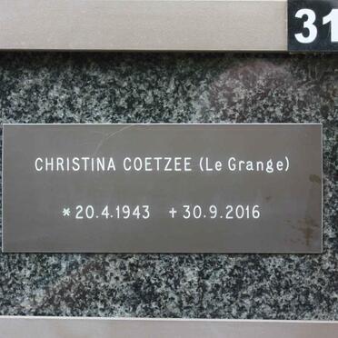 COETZEE Christina nee LE GRANGE 1943-2016