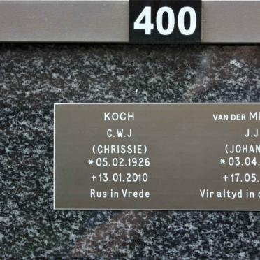 KOCH C.W.J. 1926-2010 :: VAN DER MERWE J.J. 1928-2011