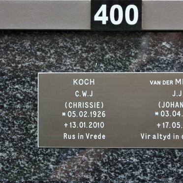 KOCH C.W.J. 1926-2010 :: VAN DER MERWE J.J. 1928-2011