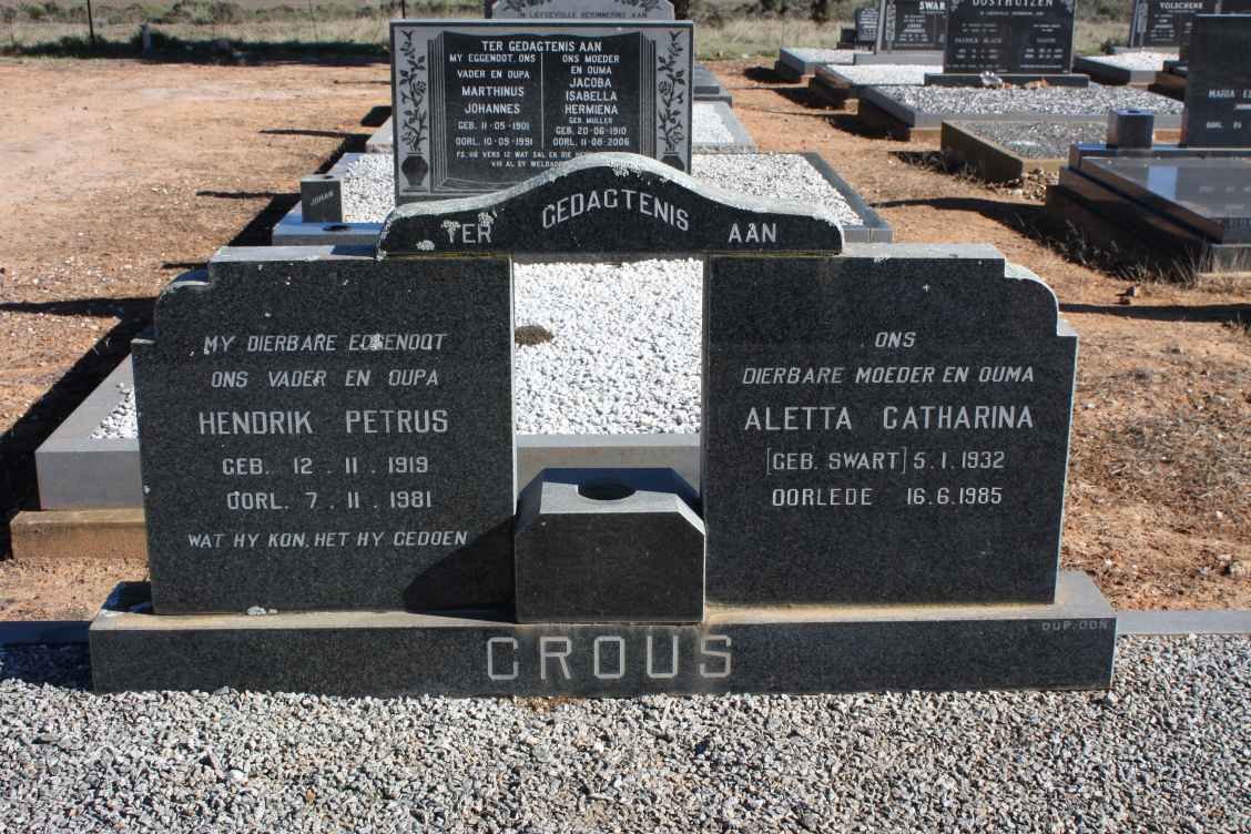 CROUS Hendrik Petrus 1919-1981 &amp; Aletta Catharina SWART 1932-1985