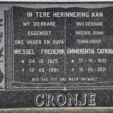 CRONJE Wessel Frederik 1925-1991 &amp; Emmerentia Catrina 1932-2021