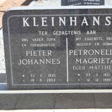 KLEINHANS Pieter Johannes 1930-2003 &amp; Petronella Magrieta MATTHEE 1931-1999