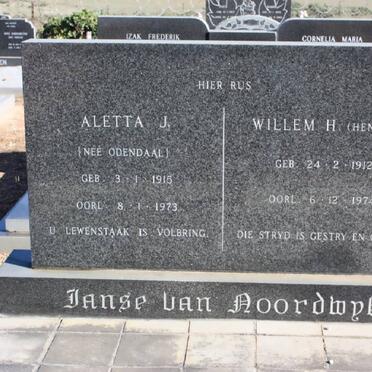NOORDWYK Willem H., Janse van 1912-1974 &amp; Aletta J. ODENDAAL 1915-1973