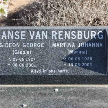 RENSBURG Gideon George, Janse van 1927-2001 &amp; Martina Johanna 1928-2003