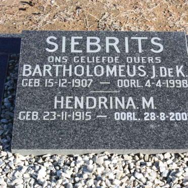 SIEBRITS Bartholomeus J. De K. 1907-1998 &amp; Hendrina M. 1915-2005