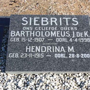 SIEBRITS Bartholomeus J. De K. 1907-1998 &amp; Hendrina M. 1915-2005
