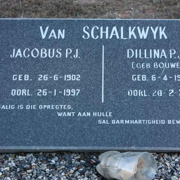 SCHALKWYK Jacobus P.J., van 1902-1997 &amp; Dillina P.J.M. BOUWER 1925-2001