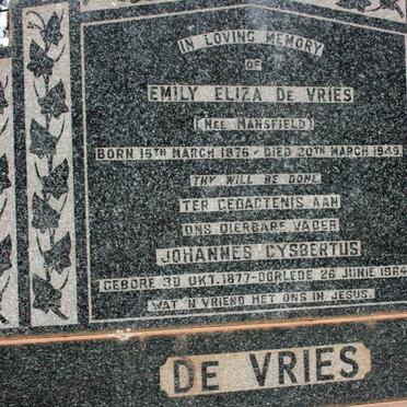 VRIES Johannes Gysbertus, de 1877-1964 &amp; Emily Eliza MANSFIELD 1876-1949