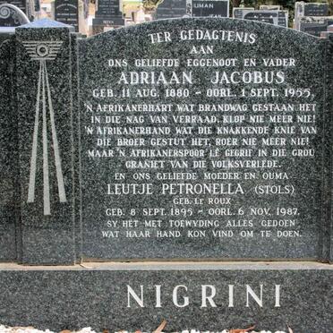 NIGRINI Adriaan Jacobus 1880-1955 &amp; Leutje Petronella LE ROUX formerly STOLS 1895-1987