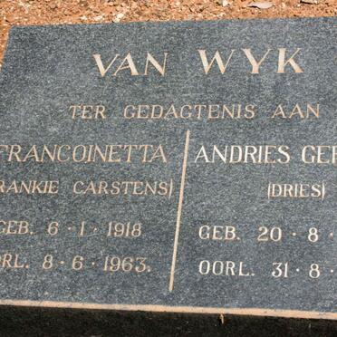 WYK Andries Gerhard, van 1908-1989 &amp; Francoinetta CARSTENS 1918-1963