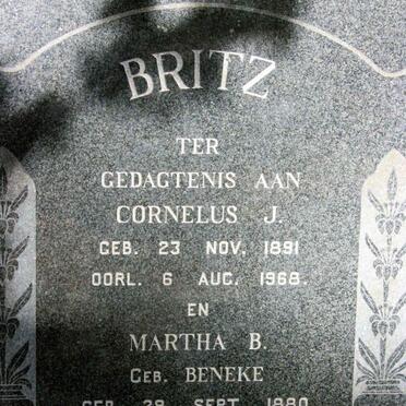 BRITZ Cornelus J. 1891-1968 &amp; Martha B. BENEKE 1880-1970