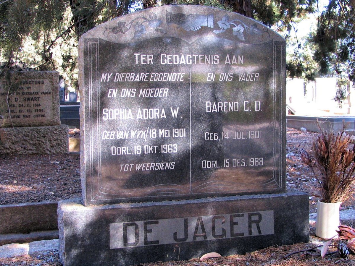 JAGER Barend C.D., de 1901-1988 &amp; Sophia Adora W. VAN WYK 1901-1963