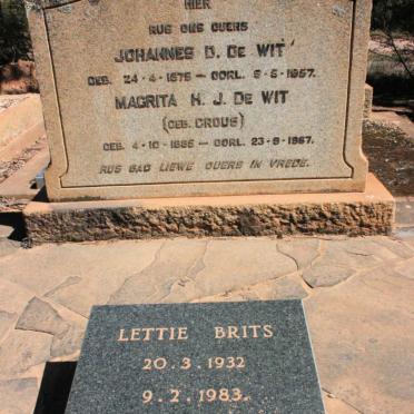 WIT Johannes D., de 1875-1957 &amp; Magrita H.J. CROUS 1885-1967 :: Lettie BRITS 1932-1983