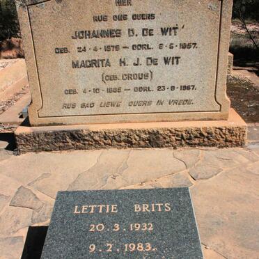 WIT Johannes D., de 1875-1957 &amp; Magrita H.J. CROUS 1885-1967 :: Lettie BRITS 1932-1983