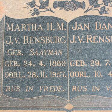 RENSBURG Jan Daniel, Janse van 1883-1968 &amp; Martha H.M. SAAYMAN 1889-1957