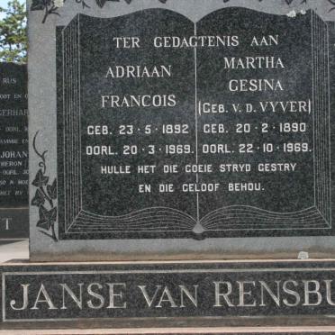RENSBURG Adriaan Francois, Janse van 1892-1969 &amp; Martha Gesina VAN DER VYVER 1890-1969