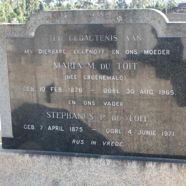 TOIT Stephanus P., du 1875-1971 &amp; Maria M. GROENEWALD 1876-1965