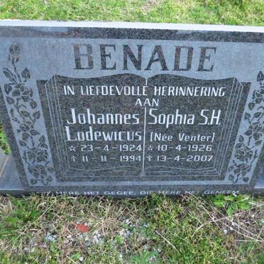 BENADE Johannes Lodewicus 1924-1994 &amp; Sophia S.H. VENTER 1926-2007